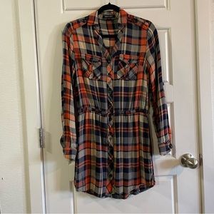 NEW LOOK Orange Blue Long Roll TabSleeve Check ShirtDress Adjustable WaistSize S